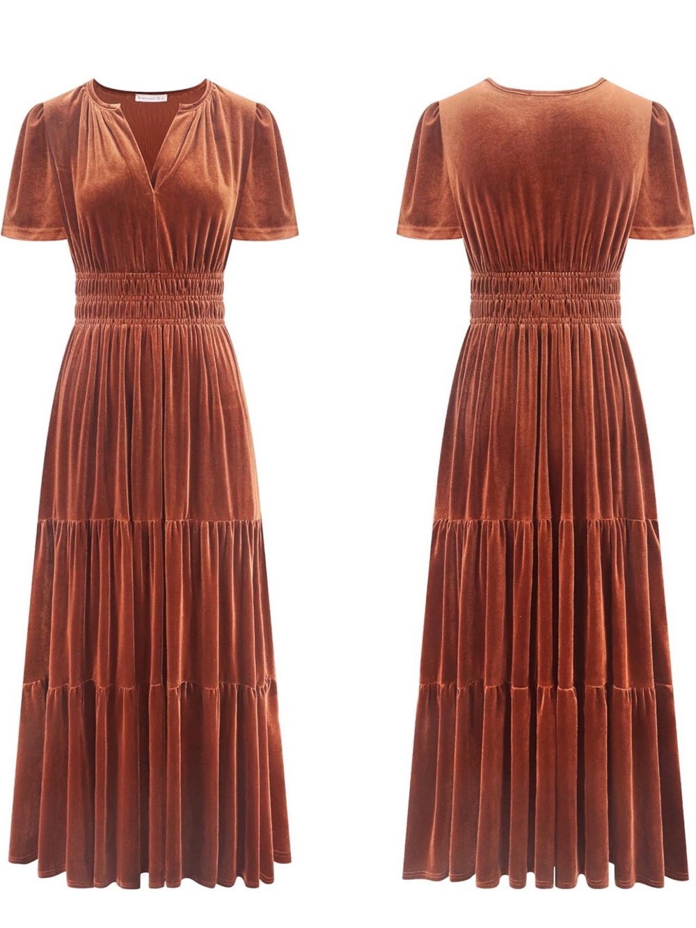 Smocked Waist Velvet Maxi Dress in Rust size L